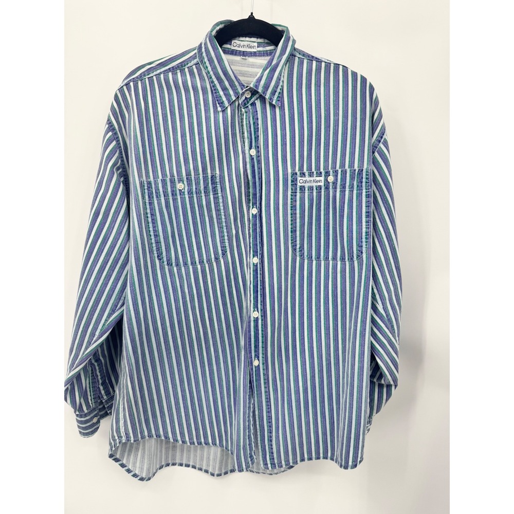 Calvin Klein Button Down Men XL Blue Green Striped Vintage Long Sleeve Shirt